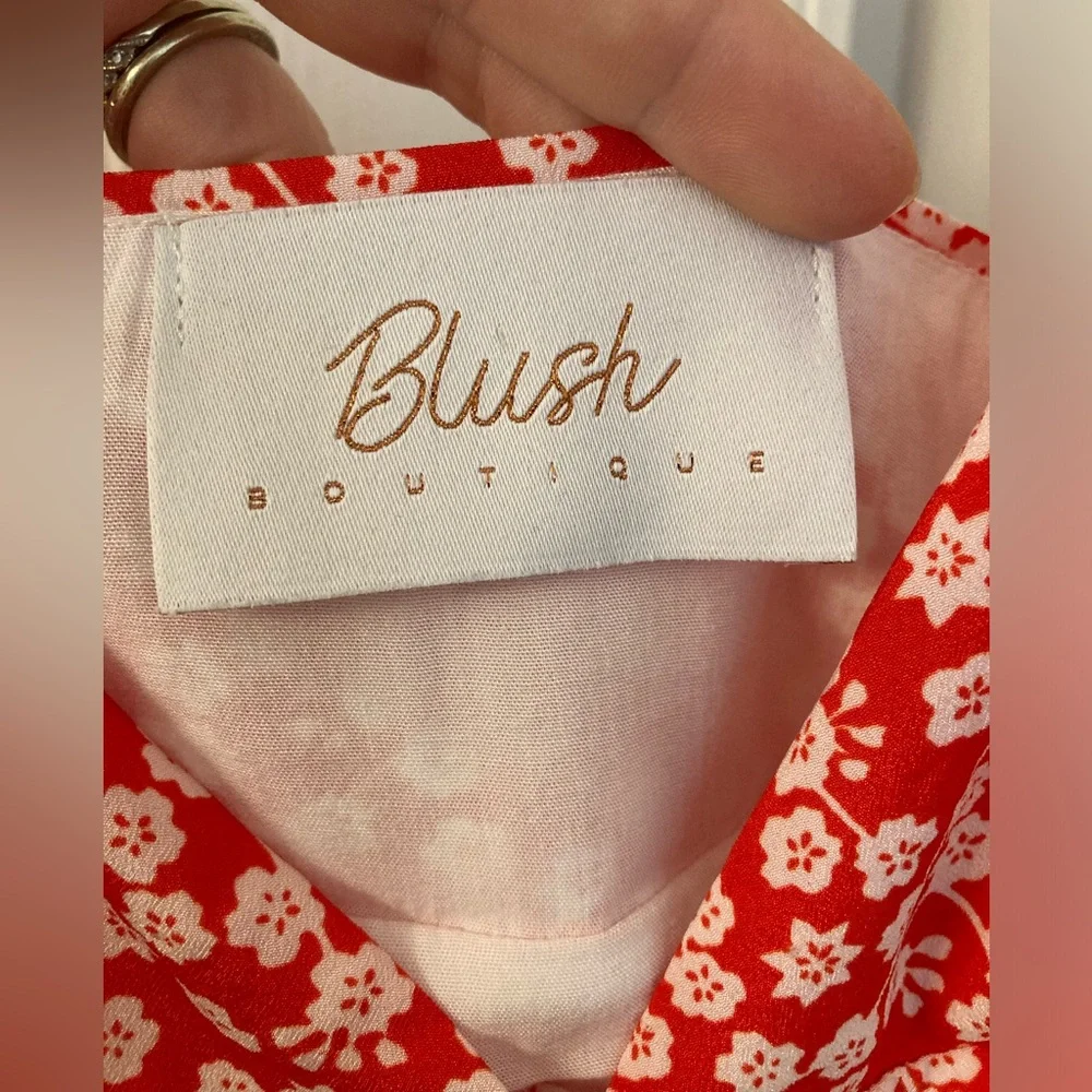 Blush Boutique red and white floral button up dress midi size small - Picture 2 of 5
